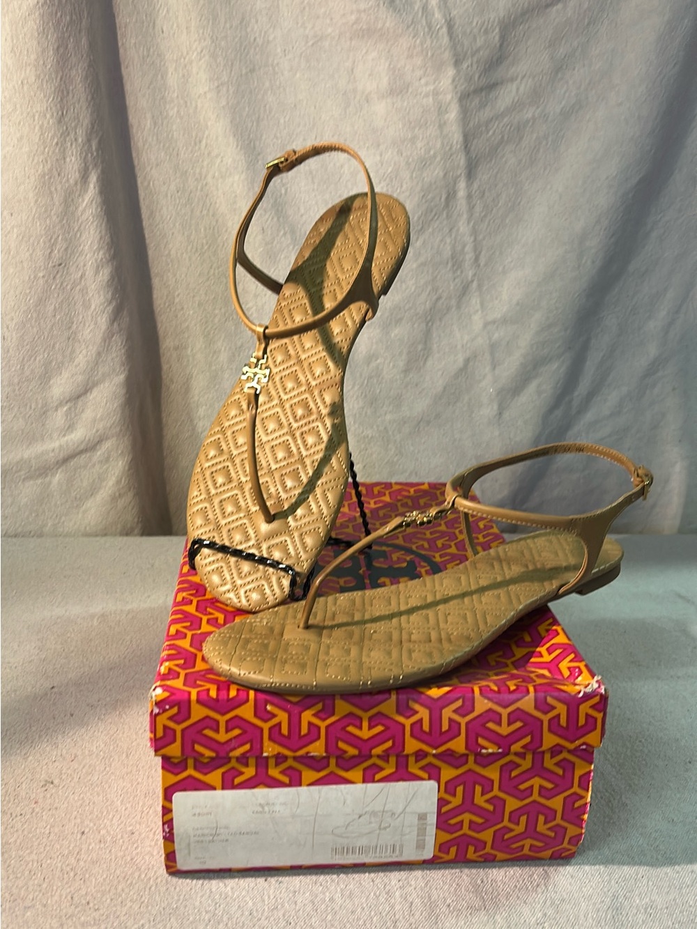 Tory Burch Sand Color Marion Quilted Leather T-Strap Sandals